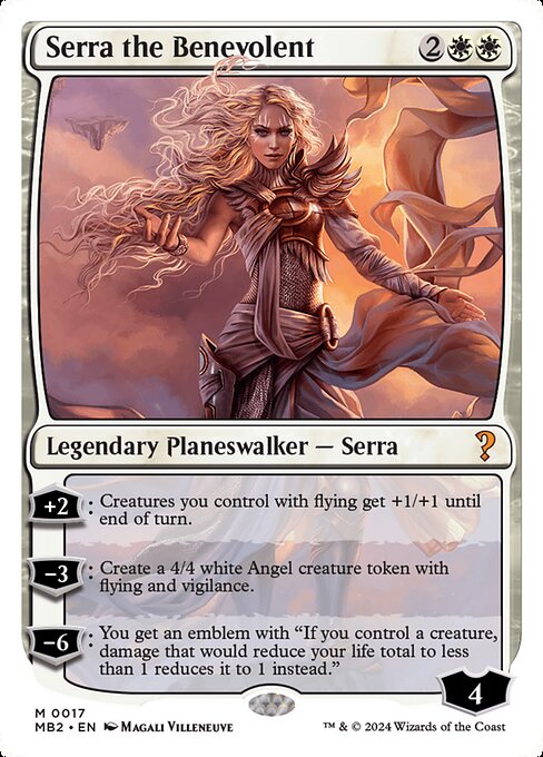 +2: Creatures you control with flying get +1/+1 until end of turn.
−3: Create a 4/4 white Angel creature token with flying and vigilance.
−6: You get an emblem with "If you control a creature, damage that would reduce your life total to less than 1 reduces it to 1 instead."