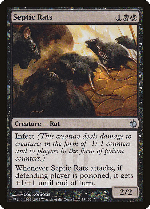 Infect (This creature deals damage to creatures in the form of -1/-1 counters and to players in the form of poison counters.)
Whenever Septic Rats attacks, if defending player is poisoned, it gets +1/+1 until end of turn.