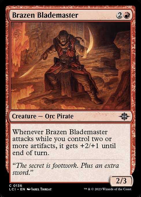 Whenever Brazen Blademaster attacks while you control two or more artifacts, it gets +2/+1 until end of turn.