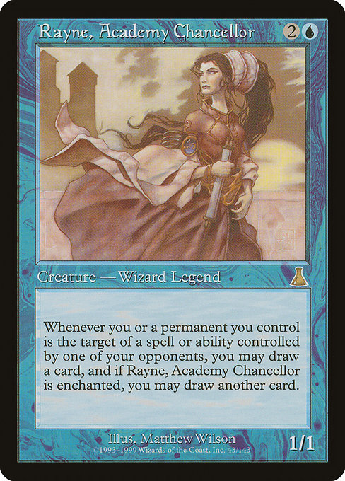 Whenever you or a permanent you control becomes the target of a spell or ability an opponent controls, you may draw a card. You may draw an additional card if Rayne, Academy Chancellor is enchanted.