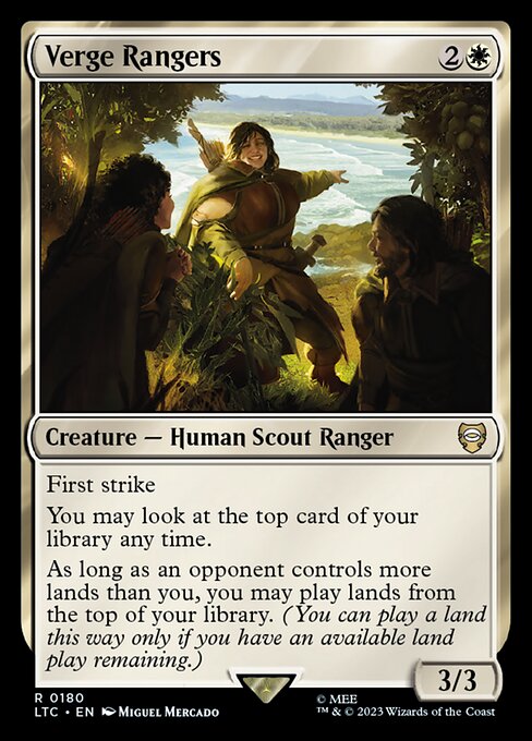 First strike
You may look at the top card of your library any time.
As long as an opponent controls more lands than you, you may play lands from the top of your library. (You can play a land this way only if you have an available land play remaining.)