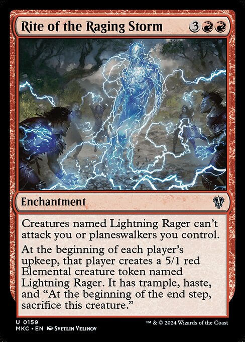 Creatures named Lightning Rager can't attack you or planeswalkers you control.
At the beginning of each player's upkeep, that player creates a 5/1 red Elemental creature token named Lightning Rager. It has trample, haste, and "At the beginning of the end step, sacrifice this creature."