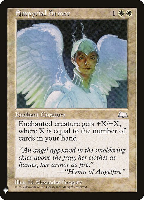 Enchant creature
Enchanted creature gets +1/+1 for each card in your hand.