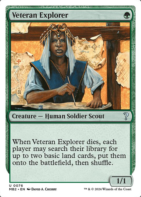 When Veteran Explorer dies, each player may search their library for up to two basic land cards, put them onto the battlefield, then shuffle.