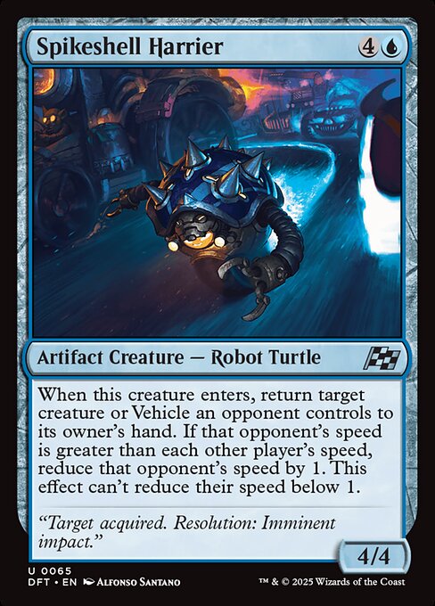 When this creature enters, return target creature or Vehicle an opponent controls to its owner's hand. If that opponent's speed is greater than each other player's speed, reduce that opponent's speed by 1. This effect can't reduce their speed below 1.