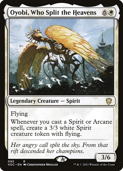 Flying
Whenever you cast a Spirit or Arcane spell, create a 3/3 white Spirit creature token with flying.