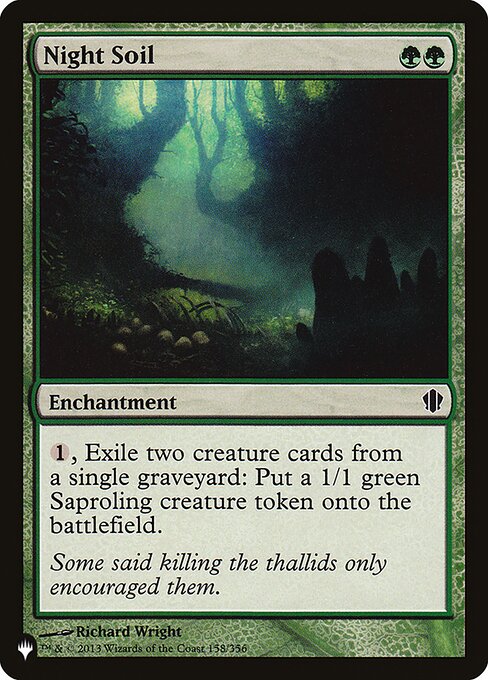 {1}, Exile two creature cards from a single graveyard: Create a 1/1 green Saproling creature token.