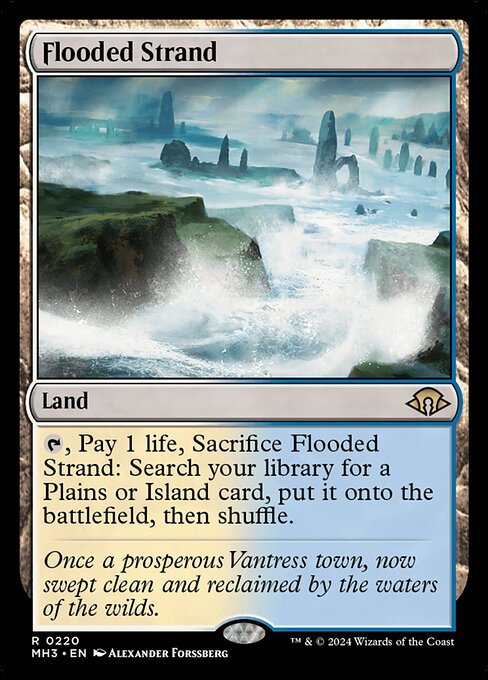 {T}, Pay 1 life, Sacrifice Flooded Strand: Search your library for a Plains or Island card, put it onto the battlefield, then shuffle.