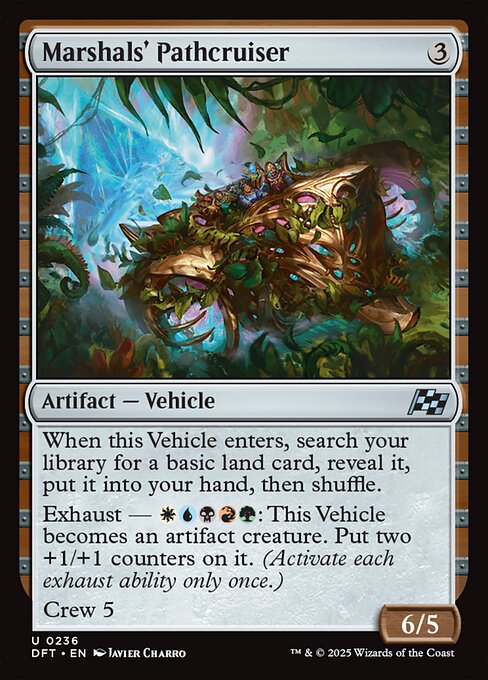 When this Vehicle enters, search your library for a basic land card, reveal it, put it into your hand, then shuffle.
Exhaust — {W}{U}{B}{R}{G}: This Vehicle becomes an artifact creature. Put two +1/+1 counters on it. (Activate each exhaust ability only once.)
Crew 5