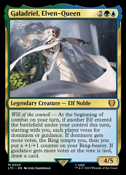 Will of the council — At the beginning of combat on your turn, if another Elf entered the battlefield under your control this turn, starting with you, each player votes for dominion or guidance. If dominion gets more votes, the Ring tempts you, then you put a +1/+1 counter on your Ring-bearer. If guidance gets more votes or the vote is tied, draw a card.