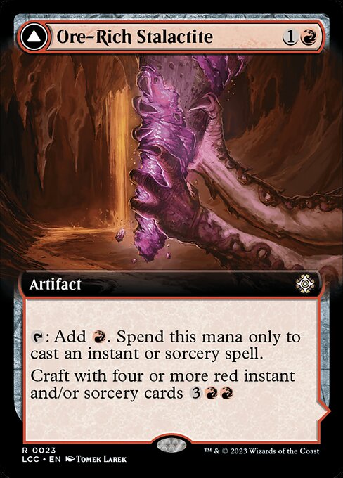 {T}: Add {R}. Spend this mana only to cast an instant or sorcery spell.
Craft with four or more red instant and/or sorcery cards {3}{R}{R} ({3}{R}{R}, Exile this artifact, Exile the four or more from your graveyard: Return this card transformed under its owner's control. Craft only as a sorcery.)   {1}{R}, {T}: Choose an exiled card used to craft this artifact at random. You may cast that card without paying its mana cost.