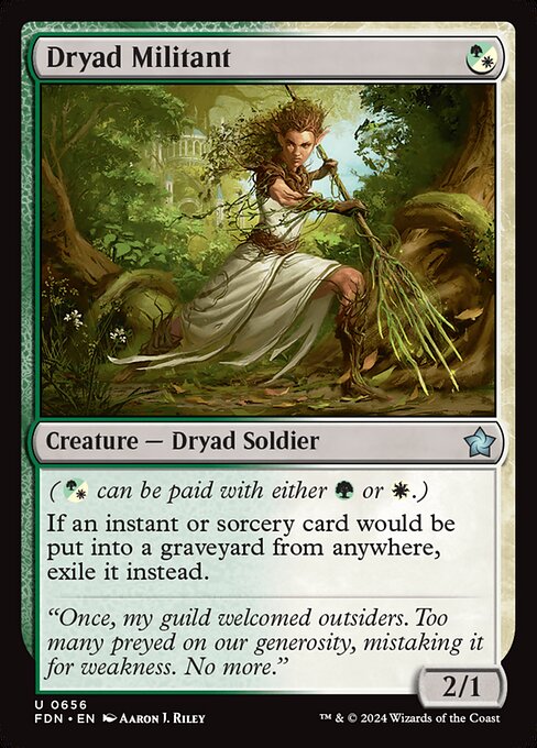 ({G/W} can be paid with either {G} or {W}.)
If an instant or sorcery card would be put into a graveyard from anywhere, exile it instead.
