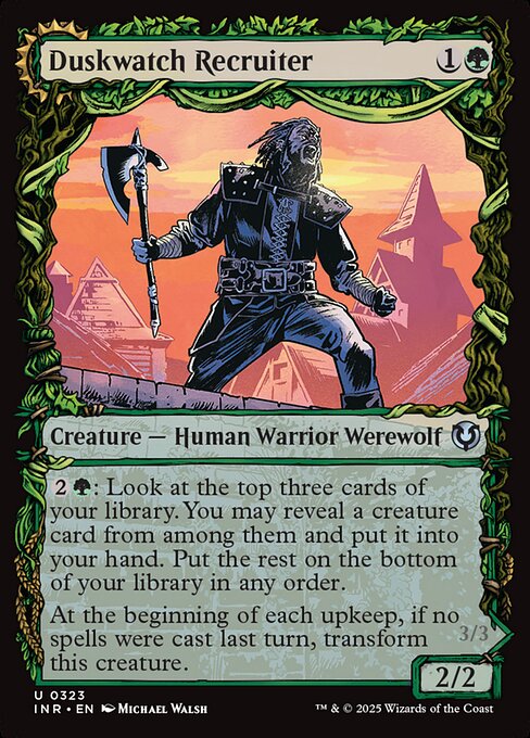 {2}{G}: Look at the top three cards of your library. You may reveal a creature card from among them and put it into your hand. Put the rest on the bottom of your library in any order.
At the beginning of each upkeep, if no spells were cast last turn, transform this creature.   Creature spells you cast cost 1 less to cast. At the beginning of each upkeep, if a player cast two or more spells last turn, transform this creature.