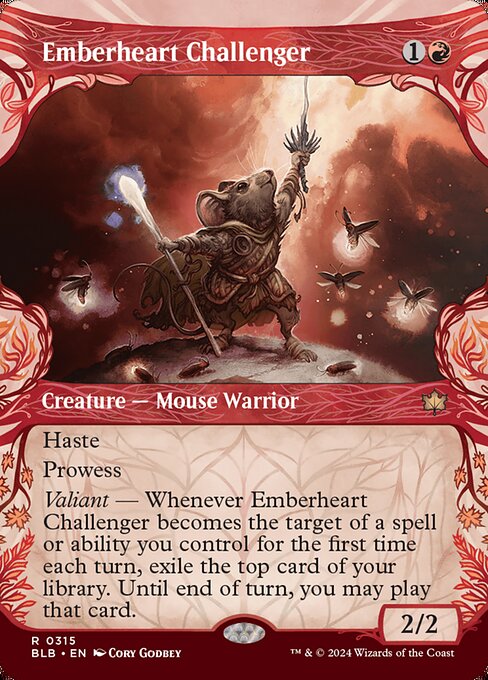Haste
Prowess (Whenever you cast a noncreature spell, this creature gets +1/+1 until end of turn.)
Valiant — Whenever Emberheart Challenger becomes the target of a spell or ability you control for the first time each turn, exile the top card of your library. Until end of turn, you may play that card.