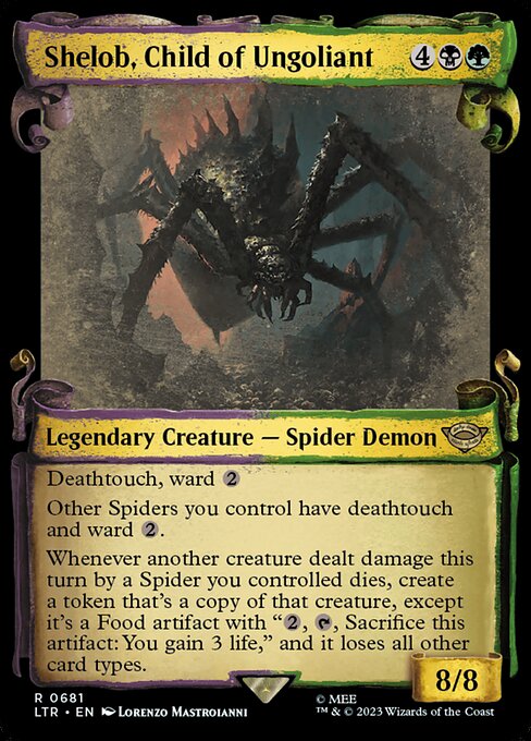 Deathtouch, ward {2}
Other Spiders you control have deathtouch and ward {2}.
Whenever another creature dealt damage this turn by a Spider you controlled dies, create a token that's a copy of that creature, except it's a Food artifact with "{2}, {T}, Sacrifice this artifact: You gain 3 life," and it loses all other card types.