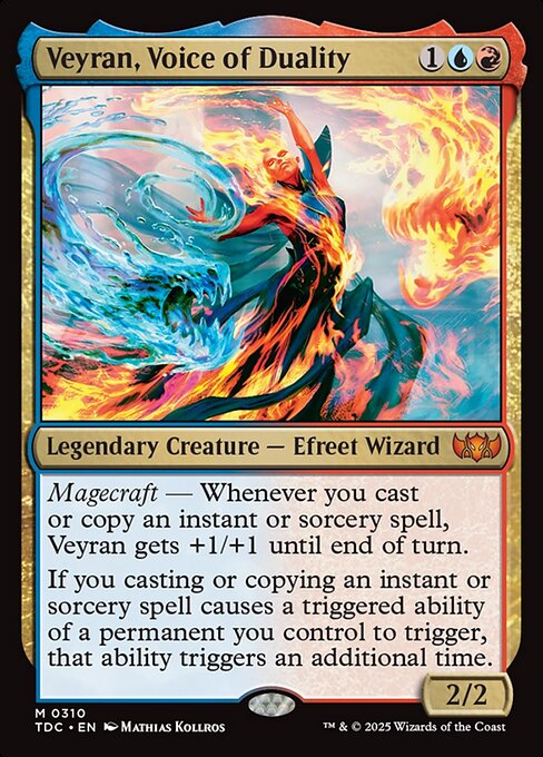 Magecraft — Whenever you cast or copy an instant or sorcery spell, Veyran gets +1/+1 until end of turn.
If you casting or copying an instant or sorcery spell causes a triggered ability of a permanent you control to trigger, that ability triggers an additional time.