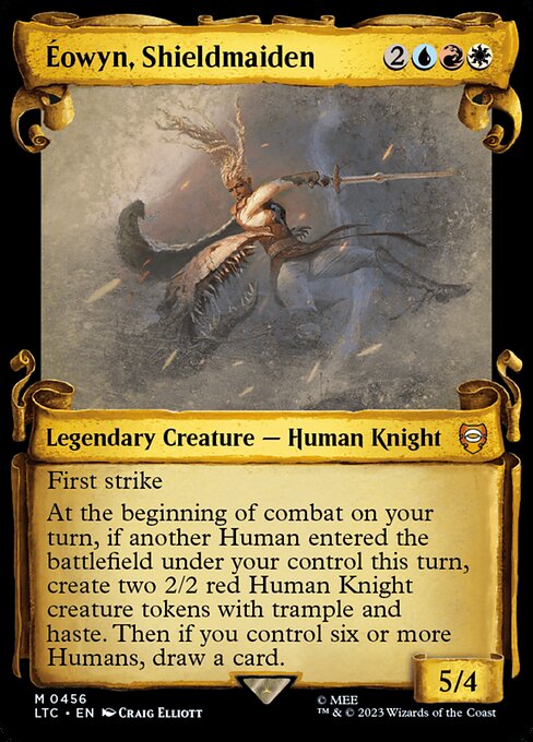 First strike
At the beginning of combat on your turn, if another Human entered the battlefield under your control this turn, create two 2/2 red Human Knight creature tokens with trample and haste. Then if you control six or more Humans, draw a card.