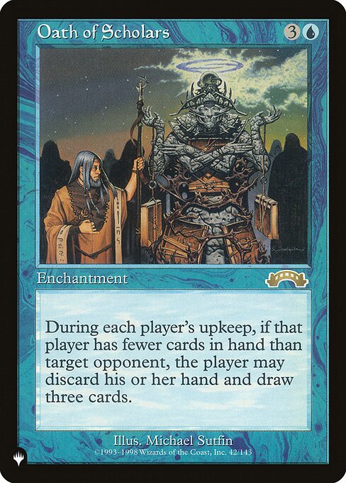 At the beginning of each player's upkeep, that player chooses target player who has more cards in hand than they do and is their opponent. The first player may discard their hand and draw three cards.