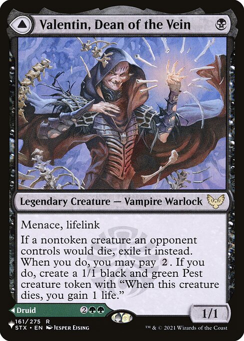 Menace, lifelink
If a nontoken creature an opponent controls would die, exile it instead. When you do, you may pay {2}. If you do, create a 1/1 black and green Pest creature token with "When this creature dies, you gain 1 life."   Whenever you gain life, you may pay {1}. If you do, put a +1/+1 counter on each creature you control and those creatures gain trample until end of turn.