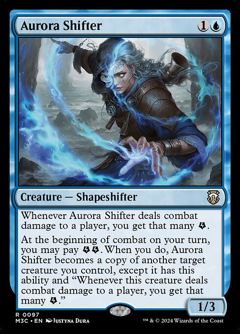 Whenever Aurora Shifter deals combat damage to a player, you get that many {E}.
At the beginning of combat on your turn, you may pay {E}{E}. When you do, Aurora Shifter becomes a copy of another target creature you control, except it has this ability and "Whenever this creature deals combat damage to a player, you get that many {E}."