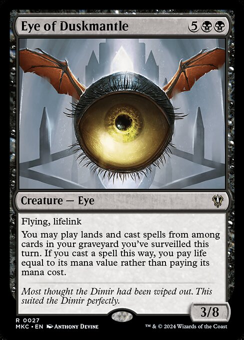 Flying, lifelink
You may play lands and cast spells from among cards in your graveyard you've surveilled this turn. If you cast a spell this way, you pay life equal to its mana value rather than paying its mana cost.