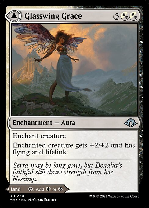 Enchant creature
Enchanted creature gets +2/+2 and has flying and lifelink.   Age-Graced Chapel enters the battlefield tapped.
{T}: Add {W} or {B}.