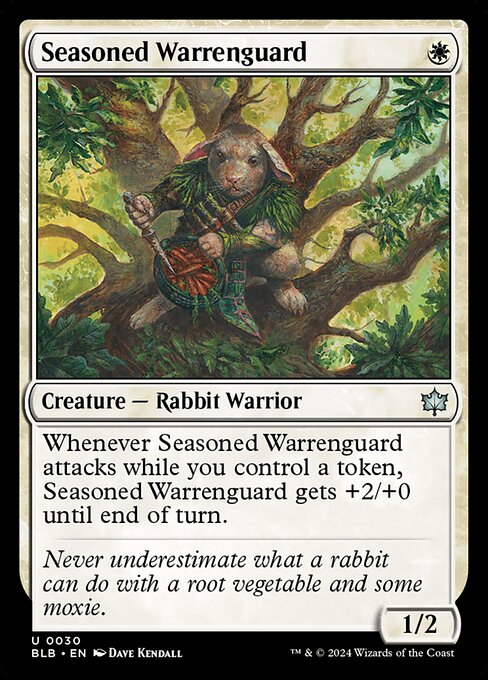 Whenever Seasoned Warrenguard attacks while you control a token, Seasoned Warrenguard gets +2/+0 until end of turn.