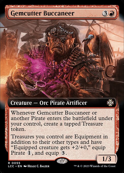 Whenever this creature or another Pirate you control enters, create a tapped Treasure token.
Treasures you control are Equipment in addition to their other types and have "Equipped creature gets +2/+0," equip Pirate {1}, and equip {3}.