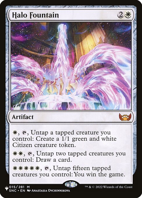 {W}, {T}, Untap a tapped creature you control: Create a 1/1 green and white Citizen creature token.
{W}{W}, {T}, Untap two tapped creatures you control: Draw a card.
{W}{W}{W}{W}{W}, {T}, Untap fifteen tapped creatures you control: You win the game.
