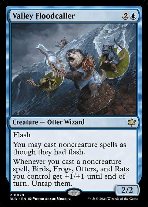 Flash
You may cast noncreature spells as though they had flash.
Whenever you cast a noncreature spell, Birds, Frogs, Otters, and Rats you control get +1/+1 until end of turn. Untap them.