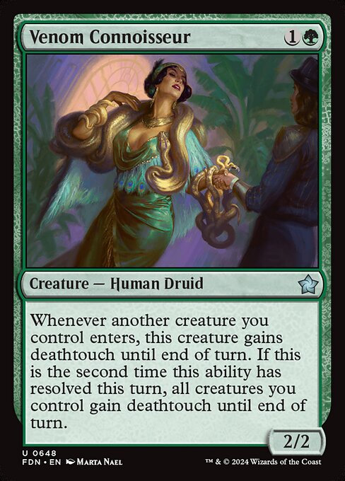 Whenever another creature you control enters, this creature gains deathtouch until end of turn. If this is the second time this ability has resolved this turn, all creatures you control gain deathtouch until end of turn.
