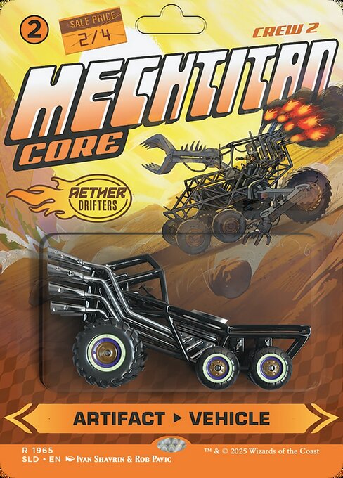 {5}, Exile this Vehicle and four other artifact creatures and/or Vehicles you control: Create Mechtitan, a legendary 10/10 Construct artifact creature token with flying, vigilance, trample, lifelink, and haste that's all colors. When that token leaves the battlefield, return all cards exiled with this Vehicle except this card to the battlefield tapped under their owners' control.
Crew 2   {5}, Exile this Vehicle and four other artifact creatures and/or Vehicles you control: Create Mechtitan, a l