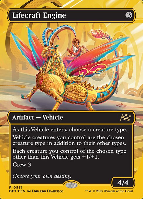 As this Vehicle enters, choose a creature type.
Vehicle creatures you control are the chosen creature type in addition to their other types.
Each creature you control of the chosen type other than this Vehicle gets +1/+1.
Crew 3
