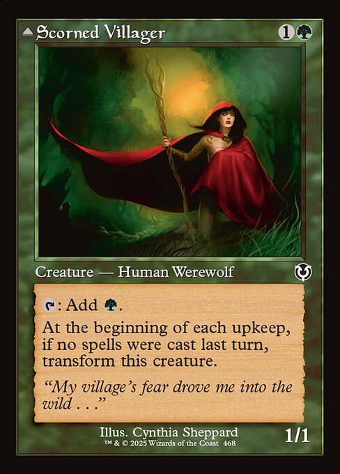 {T}: Add {G}.
At the beginning of each upkeep, if no spells were cast last turn, transform this creature.   Vigilance
{T}: Add {G}{G}.
At the beginning of each upkeep, if a player cast two or more spells last turn, transform this creature.