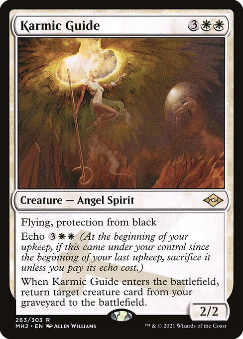 Flying, protection from black
Echo {3}{W}{W} (At the beginning of your upkeep, if this came under your control since the beginning of your last upkeep, sacrifice it unless you pay its echo cost.)
When Karmic Guide enters the battlefield, return target creature card from your graveyard to the battlefield.