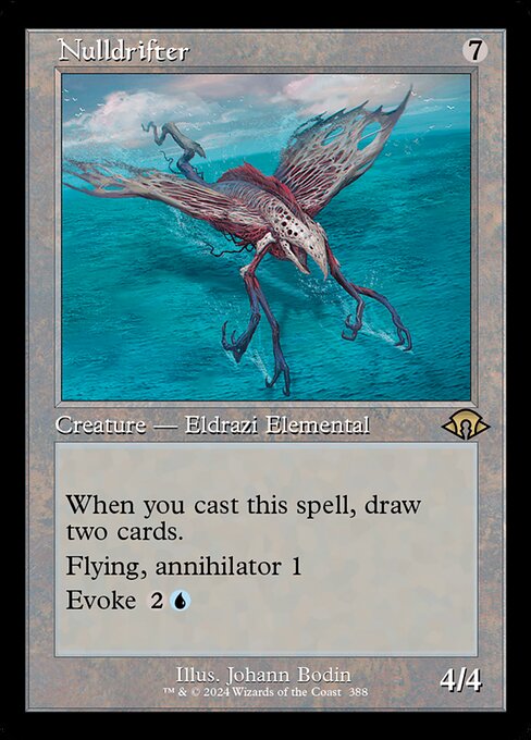 When you cast this spell, draw two cards.
Flying
Annihilator 1 (Whenever this creature attacks, defending player sacrifices a permanent.)
Evoke {2}{U} (You may cast this spell for its evoke cost. If you do, it's sacrificed when it enters the battlefield.)