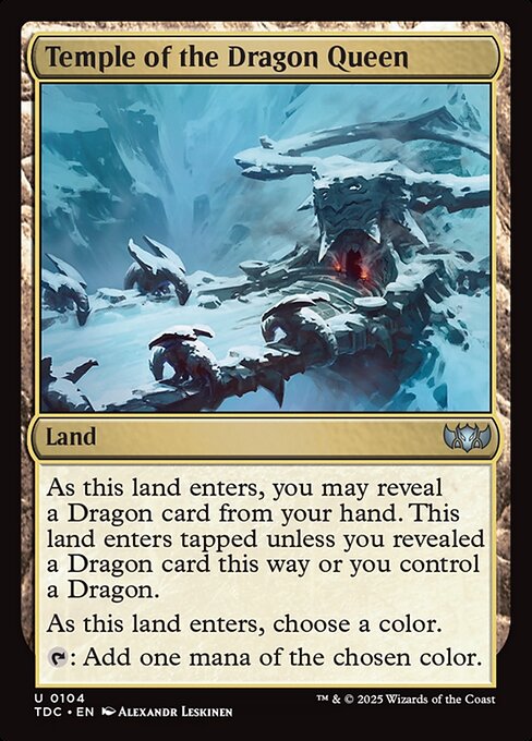 As this land enters, you may reveal a Dragon card from your hand. This land enters tapped unless you revealed a Dragon card this way or you control a Dragon.
As this land enters, choose a color.
{T}: Add one mana of the chosen color.