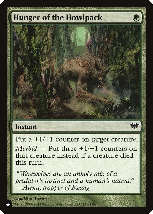 Put a +1/+1 counter on target creature.
Morbid — Put three +1/+1 counters on that creature instead if a creature died this turn.