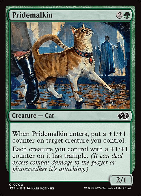 When Pridemalkin enters, put a +1/+1 counter on target creature you control.
Each creature you control with a +1/+1 counter on it has trample. (It can deal excess combat damage to the player or planeswalker it's attacking.)