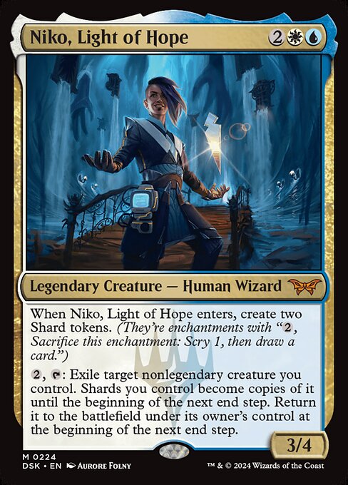 When Niko, Light of Hope enters, create two Shard tokens. (They're enchantments with "{2}, Sacrifice this enchantment: Scry 1, then draw a card.")
{2}, {T}: Exile target nonlegendary creature you control. Shards you control become copies of it until the beginning of the next end step. Return it to the battlefield under its owner's control at the beginning of the next end step.