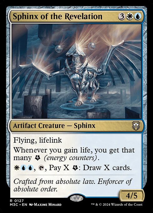 Flying, lifelink
Whenever you gain life, you get that many {E} (energy counters).
{W}{U}{U}, {T}, Pay X {E}: Draw X cards.