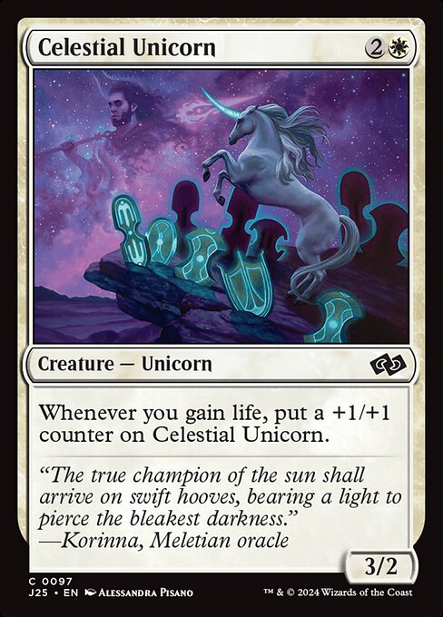 Whenever you gain life, put a +1/+1 counter on Celestial Unicorn.