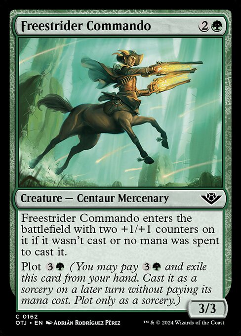 Freestrider Commando enters the battlefield with two +1/+1 counters on it if it wasn't cast or no mana was spent to cast it.
Plot {3}{G} (You may pay {3}{G} and exile this card from your hand. Cast it as a sorcery on a later turn without paying its mana cost. Plot only as a sorcery.)