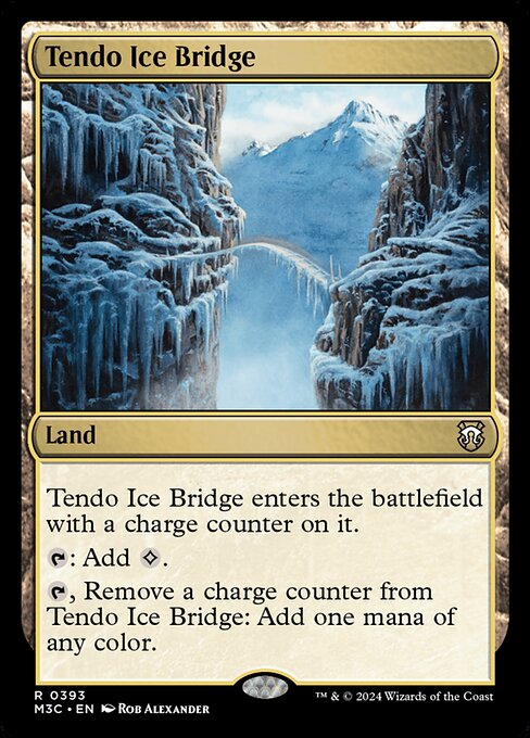Tendo Ice Bridge enters with a charge counter on it.
{T}: Add {C}.
{T}, Remove a charge counter from Tendo Ice Bridge: Add one mana of any color.