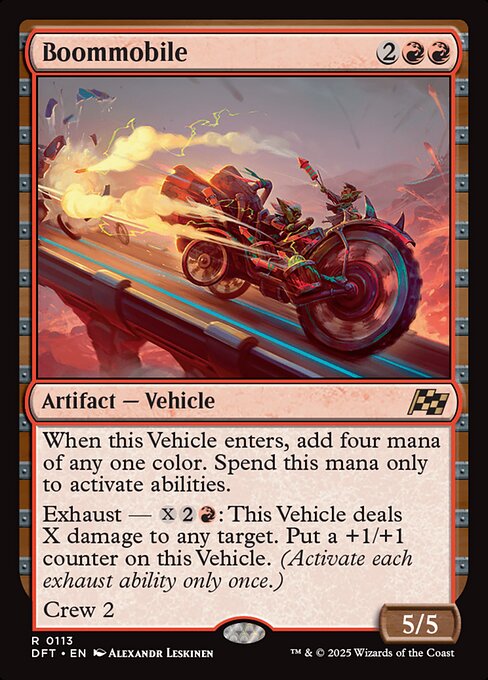 When this Vehicle enters, add four mana of any one color. Spend this mana only to activate abilities.
Exhaust — {X}{2}{R}: This Vehicle deals X damage to any target. Put a +1/+1 counter on this Vehicle. (Activate each exhaust ability only once.)
Crew 2