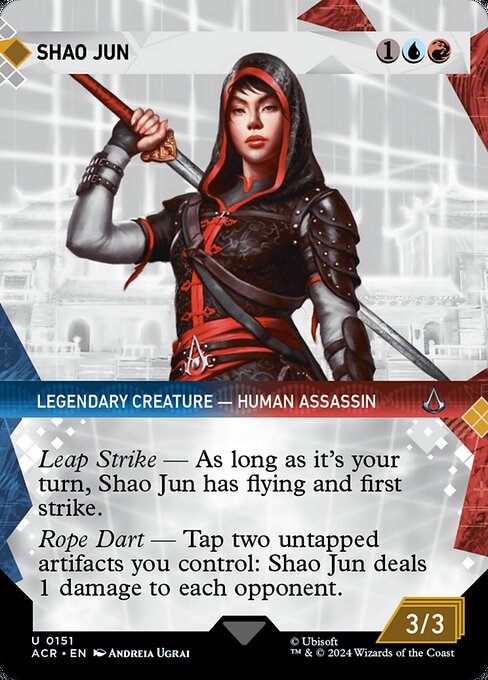 Leap Strike — As long as it's your turn, Shao Jun has flying and first strike.
Rope Dart — Tap two untapped artifacts you control: Shao Jun deals 1 damage to each opponent.