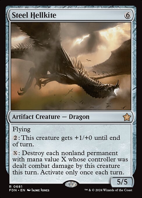 Flying
{2}: This creature gets +1/+0 until end of turn.
{X}: Destroy each nonland permanent with mana value X whose controller was dealt combat damage by this creature this turn. Activate only once each turn.