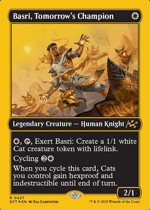 {W}, {T}, Exert Basri: Create a 1/1 white Cat creature token with lifelink. (An exerted creature won't untap during your next untap step.)
Cycling {2}{W} ({2}{W}, Discard this card: Draw a card.)
When you cycle this card, Cats you control gain hexproof and indestructible until end of turn.
