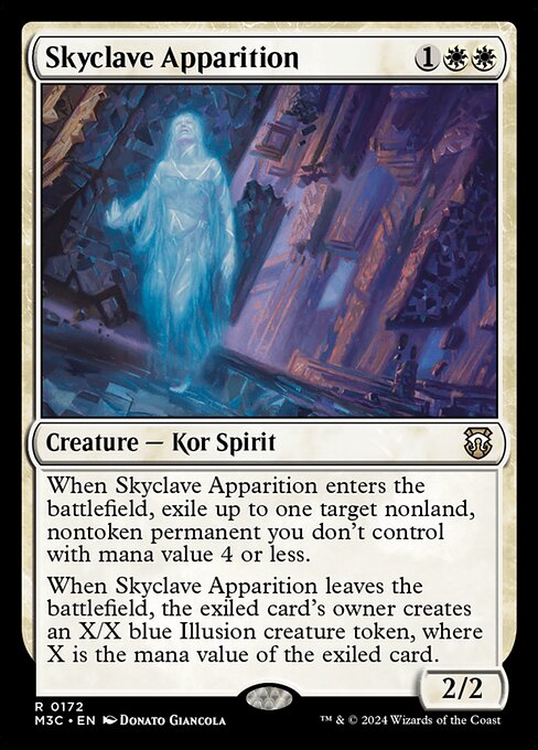 When Skyclave Apparition enters, exile up to one target nonland, nontoken permanent you don't control with mana value 4 or less.
When Skyclave Apparition leaves the battlefield, the exiled card's owner creates an X/X blue Illusion creature token, where X is the mana value of the exiled card.