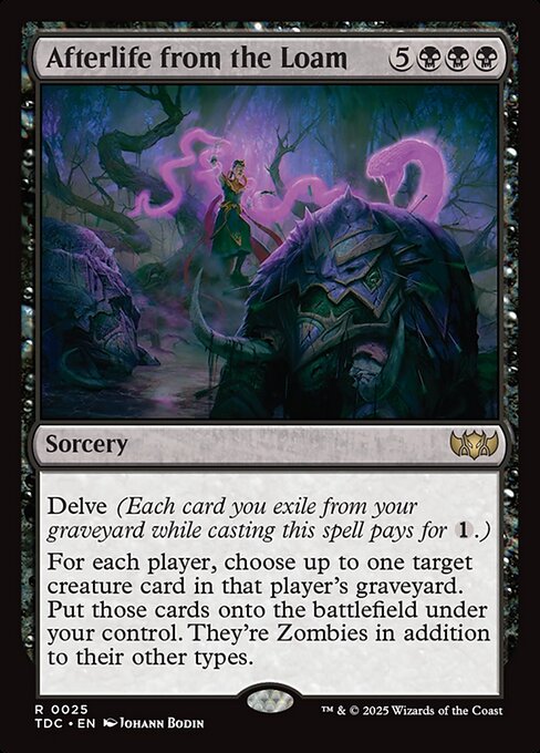 Delve (Each card you exile from your graveyard while casting this spell pays for {1}.)
For each player, choose up to one target creature card in that player's graveyard. Put those cards onto the battlefield under your control. They're Zombies in addition to their other types.